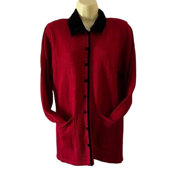 Norton McNaughton Vintage Red Cardigan Sweater with Black Velvet Trim - Picture 1 of 9